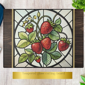 Tabla de cortar de vidrio con diseño de fresas – Decoración de cocina de vidrio templado – Arte frutal estilo cottagecore – Bandeja de mostrador de estilo vintage