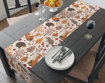 Fall Table Runner Woodland Animals Folk Art, Autumn Dining Decor Fox Hedgehog, Cottagecore