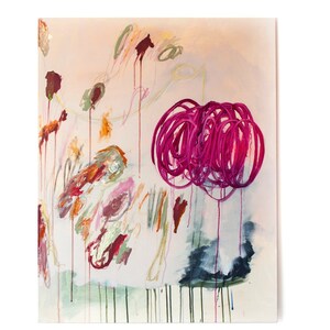 May include: Abstract painting with a pink swirl in the center and a white background. The painting has a variety of colors, including red, green, and blue.