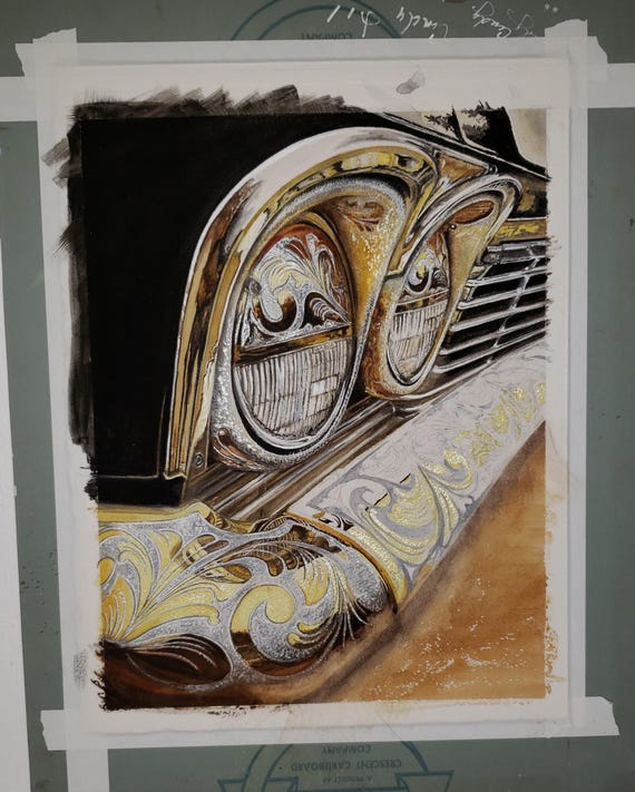 Chevrolet Impala Lowrider With Etched Chrome. Original Watercolor