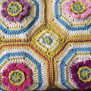 Heirloom crochet baby blanket pattern, floral motifs, vintage colours with simple embroidery, instant PDF download image 4