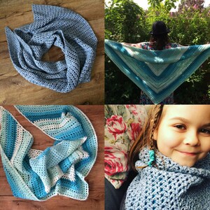 May include: A blue and white crocheted shawl with a gradient pattern. The shawl is folded in half and laid flat on a wooden surface. The shawl is also shown being worn by a person and a child.