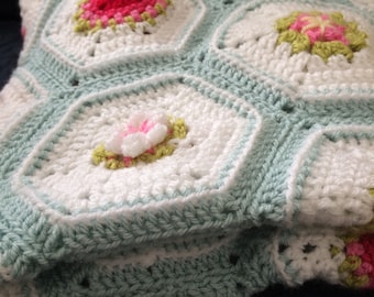 Crochet baby blanket pattern, Hearts and Flowers, crochet throw pattern, heirloom crochet
