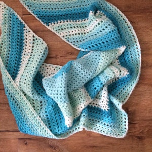 Easy crochet shawl pattern, Dive In Shawl,  top down, Caron Cakes turquoise, yarn cake pattern, self striping, PDF instant download
