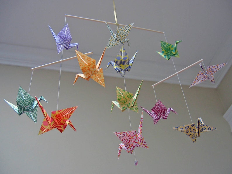 Origami Crane Mobile Colourful Chiyogami Print Papers Home Decor image 2