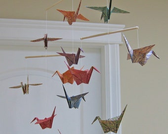 Origami Crane Mobile - Chiyogami Print Kraft Papers - Home Decor