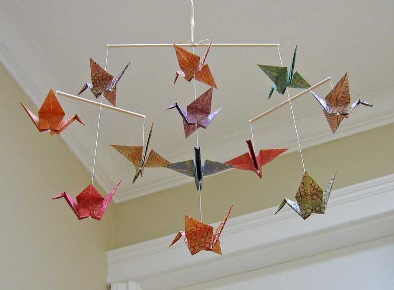 Origami Crane Mobile Chiyogami Print Kraft Papers Home Decor image 3