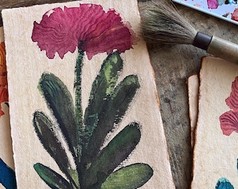 Original Watercolor Painting Abstract Flower on Handmade Paper Pinks and Greens