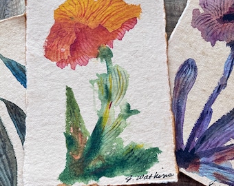 Original Watercolor Painting Abstract Flower on Handmade Paper in Oranges and Greens