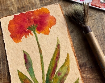 Original Watercolor Painting Abstract Flower on Handmade Paper in Oranges and Greens