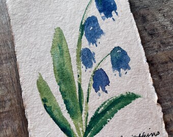 Original Watercolor Painting Abstract Flower on Handmade Paper in Blues and Greens