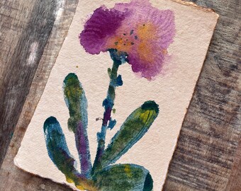 Original Watercolor Painting Abstract Flower on Handmade Paper in Gorgeous Purple and Greens