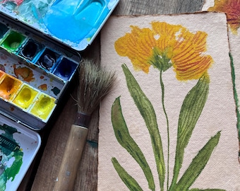 Original Watercolor Painting Abstract Flower on Handmade Paper in Yellows and Greens