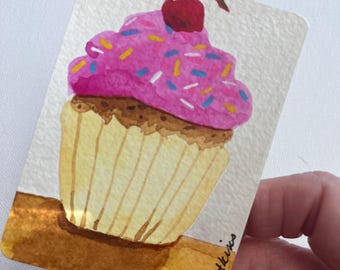 Original Cupcake Watercolor Painting, Miniature ACEO Art Card (2.5" x 3.5")