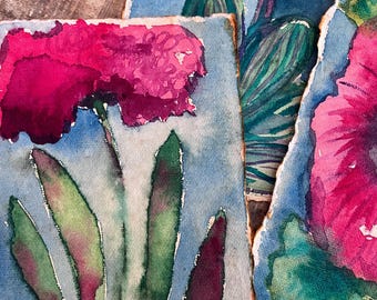 Original Watercolor Painting Abstract Flower on Handmade Paper
