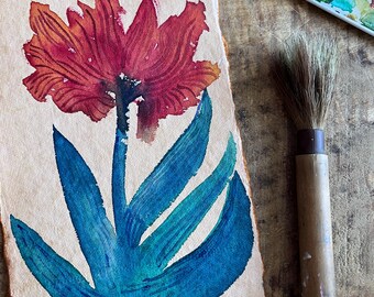 Original Watercolor Painting Abstract Flower on Handmade Paper Reds and Blue Greens
