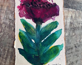 Original Watercolor Painting Abstract Flower on Handmade Paper Deep Purples and Greens