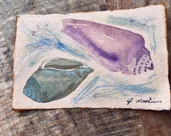 Original Watercolor Painting Abstract Sea Shells on Handmade Paper, Purple and Green Pastel Colors