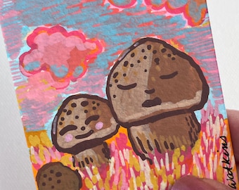 ACEO Art Card, Mushroom Original Acrylic Painting, Whimsical Art