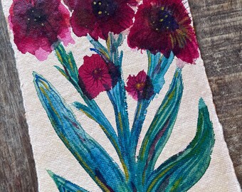 Original Watercolor Painting Abstract Flower on Handmade Paper in Vibrant Reds, Blues and Greens