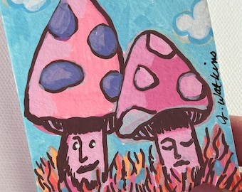 ACEO Art Card, Mushroom Original Acrylic Painting, Whimsical Art