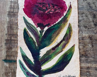 Original Watercolor Painting Beautiful Vibrant Reds and Greens Abstract Flower on Handmade Paper