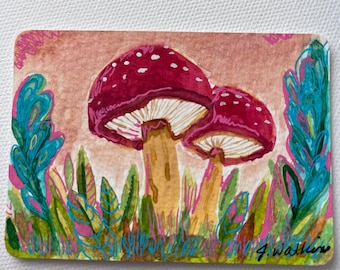Original Painting Red Mushrooms, ACEO Miniature Art, 2.5" x 3.5"