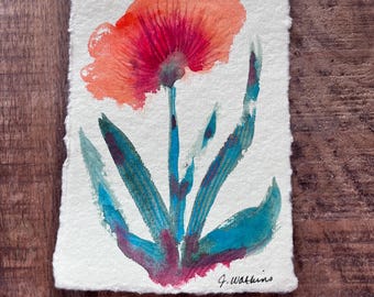Original Watercolor Painting Abstract Flower on Handmade Paper in Oranges and Greens