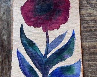 Original Watercolor Painting Abstract Flower on Handmade Paper Deep Blues and Reds