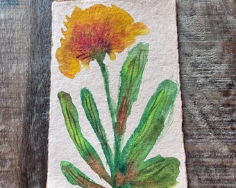 Original Watercolor Painting Abstract Flower on Handmade Paper in Yellows, Oranges and Greens