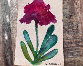 Original Watercolor Painting Abstract Flower on Handmade Paper in Deep Reds and Greens
