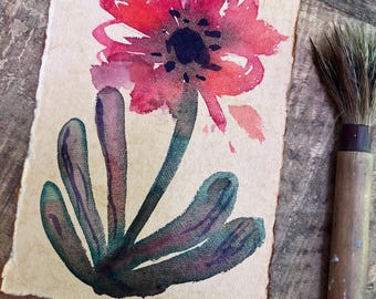 Original Watercolor Painting Abstract Flower on Handmade Paper in Pinks, Purples and Greens