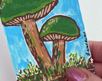 ACEO Art Card, Mushroom Original Acrylic Painting, Whimsical Miniature Art