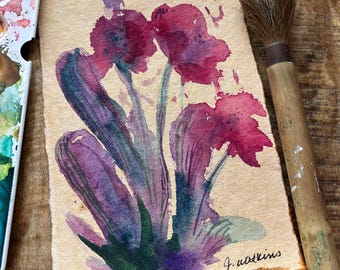 Original Watercolor Painting Abstract Flower on Handmade Paper in Vibrant Pinks, Purples and Greens