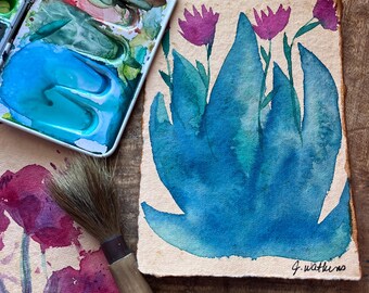 Original Watercolor Painting Abstract Flower on Handmade Paper Vivid Blues, Purple