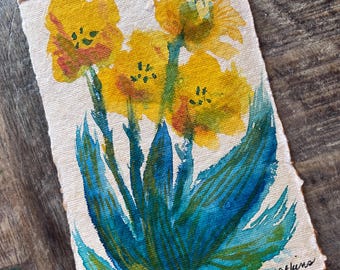 Original Watercolor Painting Abstract Flower on Handmade Paper in Vibrant Yellow, Blues and Greens
