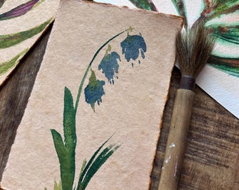 Original Watercolor Painting Abstract Flower on Handmade Paper Blues and Greens