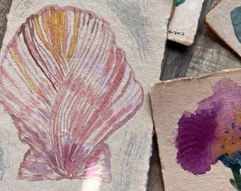 Original Watercolor Painting Abstract Sea Shell on Handmade Paper Pinks and Beautiful Pastel Colors