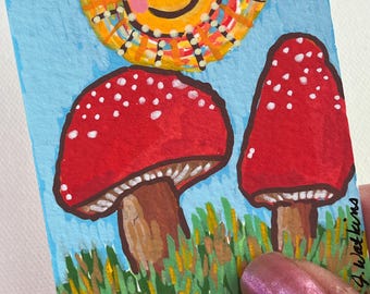 ACEO Art Card, Mushroom Original Acrylic Painting, Whimsical Art