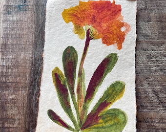 Original Watercolor Painting Abstract Flower on Handmade Paper in Oranges and Greens
