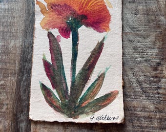 Original Watercolor Painting Abstract Flower on Handmade Paper in Oranges and Greens
