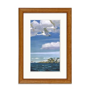 May include: A framed painting of a flock of white swans flying over a blue ocean with a small island in the distance. The sky is blue with white clouds.