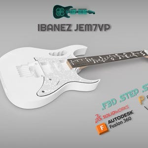 以下が含まれることがあります： パールピックガードと装飾的な指板を備えた白いIbanez JEM7VPエレキギター。画像には「IBANEZ JEM7VP」の文字と、SolidworksやFusion 360などのCADソフトウェアのロゴが含まれています。
