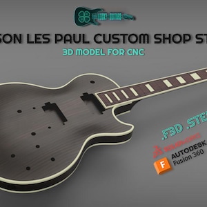May include: A dark grey 3D model of a Gibson Les Paul Custom Shop style guitar with white edging. The image includes the text: "GIBSON LES PAUL CUSTOM SHOP STYLE 3D MODEL FOR CNC". Software logos are also visible.