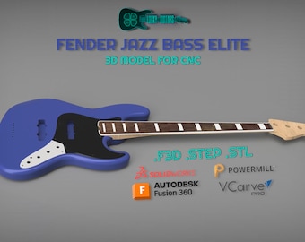 May include: A 3D model of a blue Fender Jazz Bass Elite guitar, designed for CNC. The image includes the text "FENDER JAZZ BASS ELITE 3D MODEL FOR CNC" and file formats like F3D, STEP, and STL. Software logos are also present.