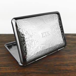Personalised Cigarette Case With Engraved Initials. Business Card Holder. Scrolly Ornate Pattern.