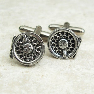 Fly Fishing Reel Cufflinks. Antiqued Pewter and Silver Cufflinks