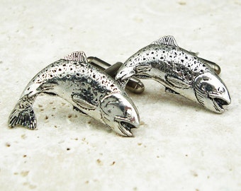 Trout Cufflinks. Antiqued Pewter and Silver Fish Cufflinks