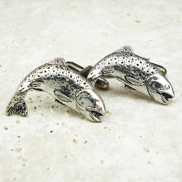 Trout Cufflinks. Antiqued Pewter and Silver Fish Cufflinks