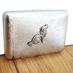 Wolf Cigarette Case or Business Card Holder. Scrolly Ornate Pattern.